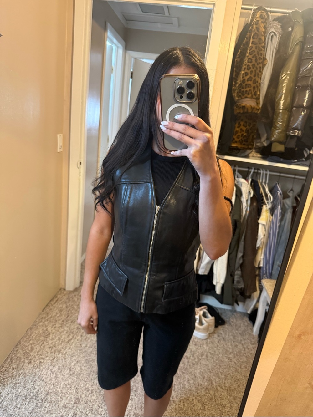 Saks Black Leather Zip-Front Vest